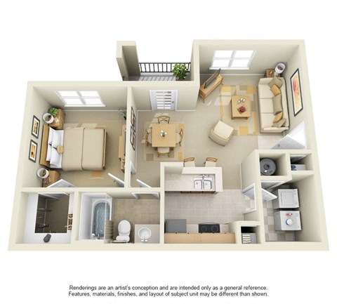 Floor plan for 1 bed, 1 bath, 680 sqft